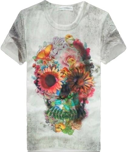 Skull Shirt White Horrific Short Sleeve Cotton Slim for Men (M)