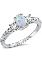 Oval Lab Created White Opal & White Cz Fashion .925 Sterling Silver Ring Sizes 4-12