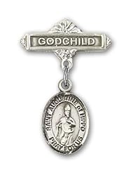 Sterling Silver Baby Badge with St. Augustine of Hippo Charm and Godchild Badge Pin