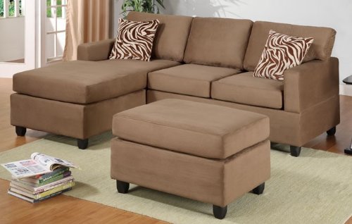 Bobkona Manhattan Reversible Microfiber 3-Piece Sectional Sofa Set, Saddle