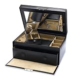Large sized rectangular jewelery box in black leather with removeable travel case by Wolf Designs
