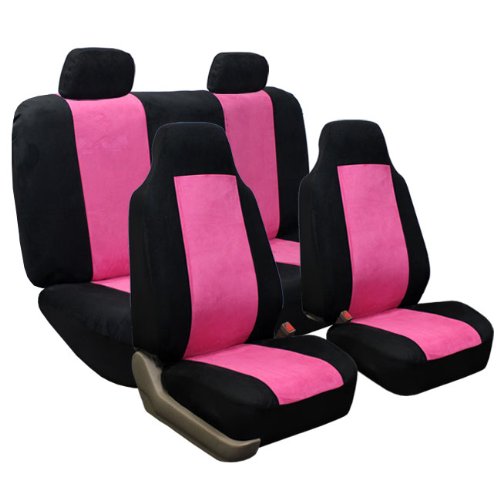 Suede Car Seat Cover Full Set Bucket Front and Bench Resr Seat Cover Fb105 Pink/black 114