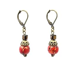 Earrings - E248 - Hand Painted Wood Bead and Fire-Polished Glass Beads - Antique Gold Tone