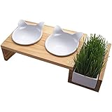 ViviPet Cat Dining Table - 15&deg; Tilted Platform Pet Feeder Solid Pine Stand with Ceramic Bowls - Elevated Cat Feeder Raised Cat Bowl Mykonos Collection