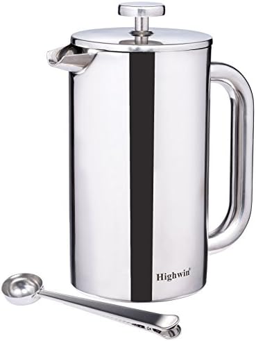 Highwin P1011-8 1000ml/8-cup Doublewall Stainless Steel Coffee Press/ Coffee Plunger with Double Filter and Measuring Spoon with Clip, Silver