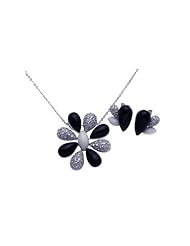 Nickel Free Sterling Silver Pendant & Earring Sets Onyx W/ CZ Flower Set