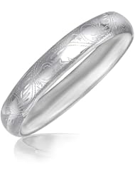 Sterling Silver Rhodium Plated Dome Bangle with Fancy Flourishes