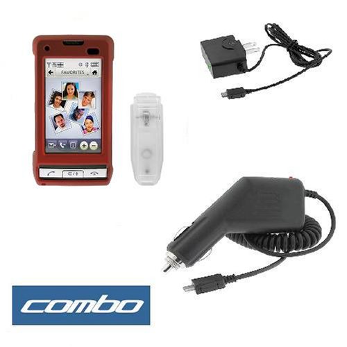 Solid Red Rubberized Snap on Crystal Case with Belt Clip + Car Charger + Home Travel Charger for Verizon LG Dare VX-9700 Cell Phone