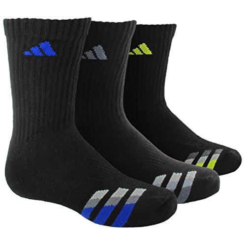 adidas Boys Cushion Crew Socks (Pack of 3), Black/Bold Blue - Onix - Semi Solar Yellow, Large