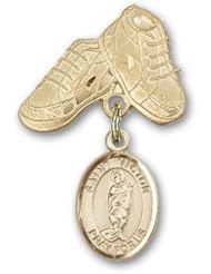 14K Gold Baby Badge with St. Victor of Marseilles Charm and Baby Boots Pin