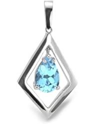 Parallelogram Pendant With 8 MM Genuine Pear Cut Blue Topaz Center Stone In Silver.