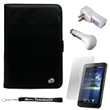 Synthetic Black Leather Limited Edition Travel Professional Portfolio Cover Carrying Case For Samsung P1000 Galaxy Tablet Powerd by Android 7-Inch Touchscreen + Includes a eBigValue (TM) Determination Hand Strap + Includes a Anti Glare Screen Protector + Includes a Travel USB Car and a USB Home Wall Charger Kit + Includes a Antil Glare Screen Protector