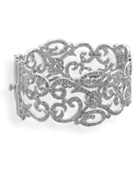Vintage Look Hinged Bangle Bracelet with Scroll and Floral Design Rhodium with Cubic Zirconia