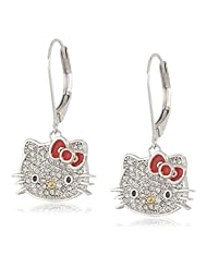 Hello Kitty by Simmons Jewelry Co. Czech Crystals Flat Pave Face and Red Bow Lever Girls Back Earrings