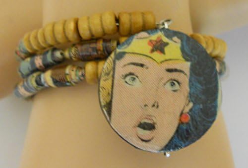 Wonder Woman Comic Book Recycled Paper Bead Boho Memory Wire Bracelet