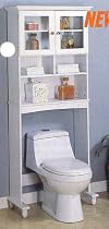 WHITE FINISH WOOD COMMODE WITH STORAGE SHELVES AND GLASS DOORS FOR CUPBOARD ON TOP