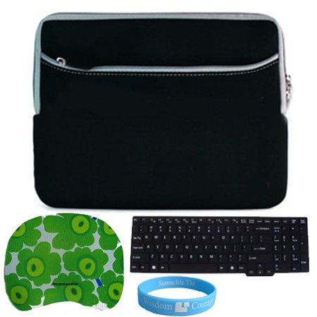 Dual Pocket Black Carrying Sleeve for 14 inch Dell Inspiron 14Z,1464,i1464,i1470,14V,14VR Laptops + Black Silicone Keyboard Skin Cover + SumacLife TM Wisdom*Courage Wristband+ Bestpricecenter Mouse Pad