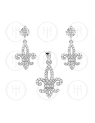 Sterling Silver -Micro Pave Fleur De Lis Earrings Pendant Set (PS-1029