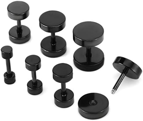 FF Womens Jewelry Stainless Steel Screw Back Dumbbell Fake Cheaters Faux Illusion Plugs Tunnel Stud Earrings Black 6 Box Set