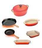 Le Creuset 6 piece set 23cm cast iron oval casserole, 26cm round cast iron round grillit, 20cm omelette/frying pan, 28cm oval stoneware Dish, 23cm square stoneware dish, 19cm stoneware dish in Volcanic  from Le Creuset