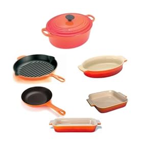 Le Creuset 6 piece set 23cm cast iron oval casserole, 26cm round cast iron round grillit, 20cm omelette/frying pan, 28cm oval stoneware Dish, 23cm square stoneware dish, 19cm stoneware dish in Volcanic