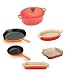Le Creuset 6 piece set 23cm cast iron oval casserole, 26cm round cast iron round grillit, 20cm omelette/frying pan, 28cm oval stoneware Dish, 23cm square stoneware dish, 19cm stoneware dish in Volcanic