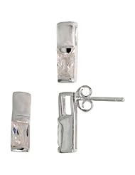 Sterling Silver Matte-finish Rectangular Earrings (13mm tall) & Pendant Slide (13mm tall) Set, w/ Emerald Cut CZ Stones