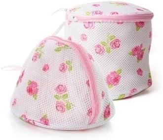 happyliya® Pack of 2 New Washing Laundry Portable Mesh Bag with Plastic Inner Frame for Bra Underwear Lingerie Socks Flower Color (Round +Triangle)