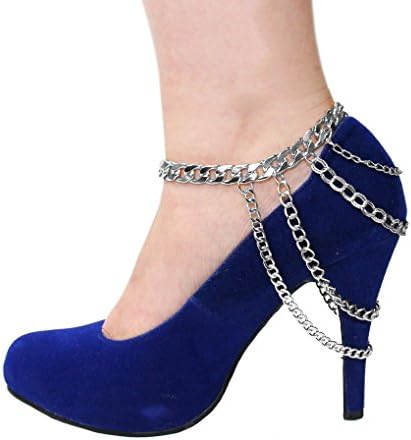 High Heel Chain with Rhodium Metal Will Make Your Heels More Fantastic. This Heel Chain Has Different Style of Chains That Are Layered. It's 10 Inches Long Around Your Ankle with 4 Inch Extentions.
