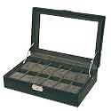 Watch Box Storage Case Black Leather 12 Watches Lucite Window