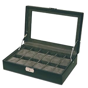 Watch Box Storage Case Black Leather 12 Watches Lucite Window