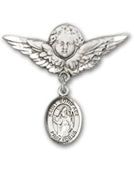 Sterling Silver Baby Badge with St. Boniface Charm and Angel with Wings Badge Pin