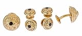 Antiqued finished deco style gold plated cufflinks and shirt stud set with black central accent. Presentation boxed.