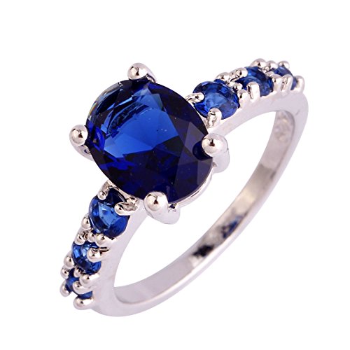 Psiroy 925 Sterling Silver Stunning Created Gorgeous Women's 7mm*9mm Oval & Round Cut Sapphire Quartz Charms Filled Ring