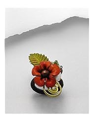 Orange Flower Cotton Waxed Thread Glass Ring In Brass