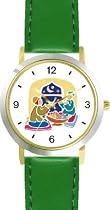 Moslem or Muslim Men at Feast - WATCHBUDDY&reg; DELUXE TWO-TONE THEME WATCH - Arabic Numbers - Green Leather Strap-Women's Size-Small
