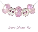 Five Pink Bead Set: 2 Pink Crystal Beads Plus 3 Pink Faceted Crystal Glass Beads, Pandora-compatible Bracelet Beads