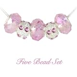 Five Pink Bead Set: 2 Pink Crystal Beads Plus 3 Pink Faceted Crystal Glass Beads, Pandora-compatible Bracelet Beads
