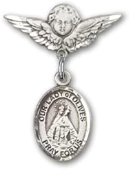Sterling Silver Baby Badge with Our Lady of Olives Charm and Angel with Wings Badge Pin