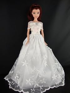 White Lace Wedding Gown with Nice Sleeve Detail and a Rhinestone Accent Made to Fit the Barbie Doll