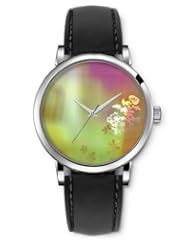 SPRAWL Aanalog Fashion Series Silver Ladies Watches of Genuine Black Leather Strap,Unique Wrist Watch for Women Girls Designed with Floral pattern in blurred background