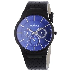 Skagen Men's Titanium Multifunction Watch - Black Leather Strap - Blue Dial - 809XLTBLN