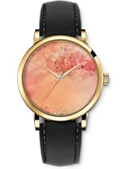 SPRAWL Aanalog Fashion Series Gold Ladies Watches of Genuine Black Leather Strap,Unique Wrist Watch for Women Girls Designed with roses flowers