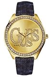Ladies 'Guess ID' gold plated stone set case, with blue denim/leather strap