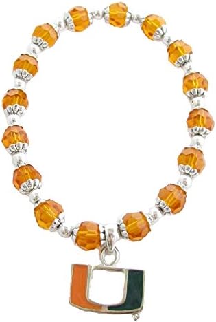 Miami Hurricanes UM Orange Glass Beaded Stretch Bracelet Orange Green U Silver Plated Charm Jewelry