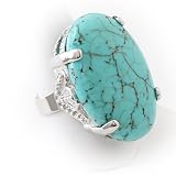 Silvertone Turquoise Oval Cocktail Stretch Fashion Ring
