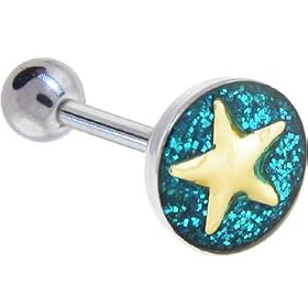 Blue Gold GLITTER STAR Barbell Tongue Ring by 