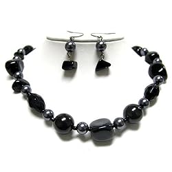 Black Mixed Stone and Glass Beads Necklace and Earrings Set Fashion Jewelry