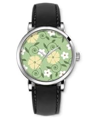 SPRAWL Aanalog Fashion Series Silver Ladies Watches of Genuine Black Leather Strap,Unique Wrist Watch for Women Girls Designed with Yellow and white flowers