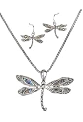 Silver-Tone Textured Abalone Dragonfly Pendant Popcorn Chain & Matching Earrings by Jewelry Nexus